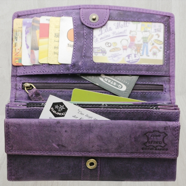 flevado Wasserbüffel Damen Geldbörse Brieftasche RFID Schutz Doppelnaht Lila